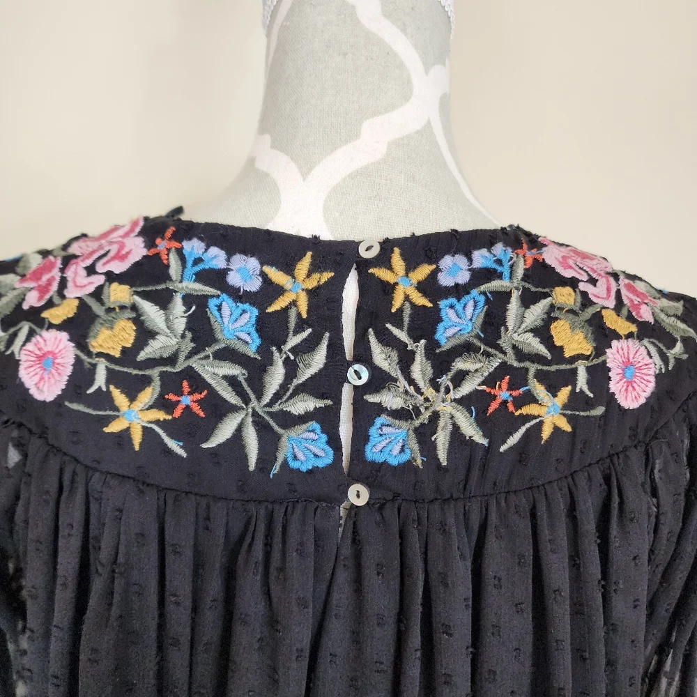 ZARA Trafaluc Black Embroidered Floral Long Sleeve Tassel Chiffon Top Boho XS - Picture 8 of 12